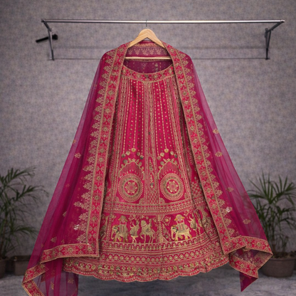 Rani Pink Bridal Lehenga – Heritage Elephant Motifs, Dual Dupatta & Maggam Blouse
