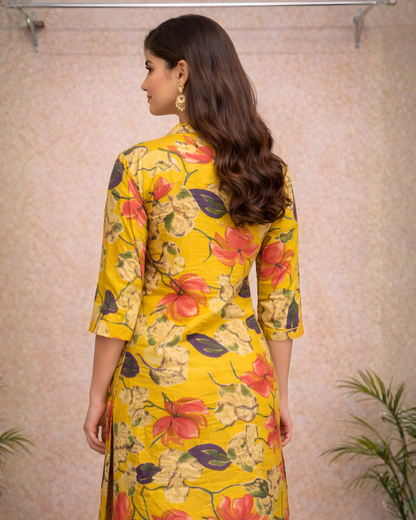 Mustard Yellow Tropical Floral Printed Kurti – Shirt-Style Collar | Vibrant Casual Ethnic Wear