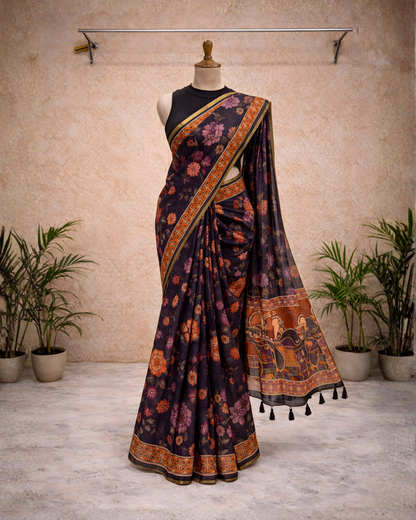 Royal Floral Kalamkari Soft Linen Saree – Heritage Elegance
