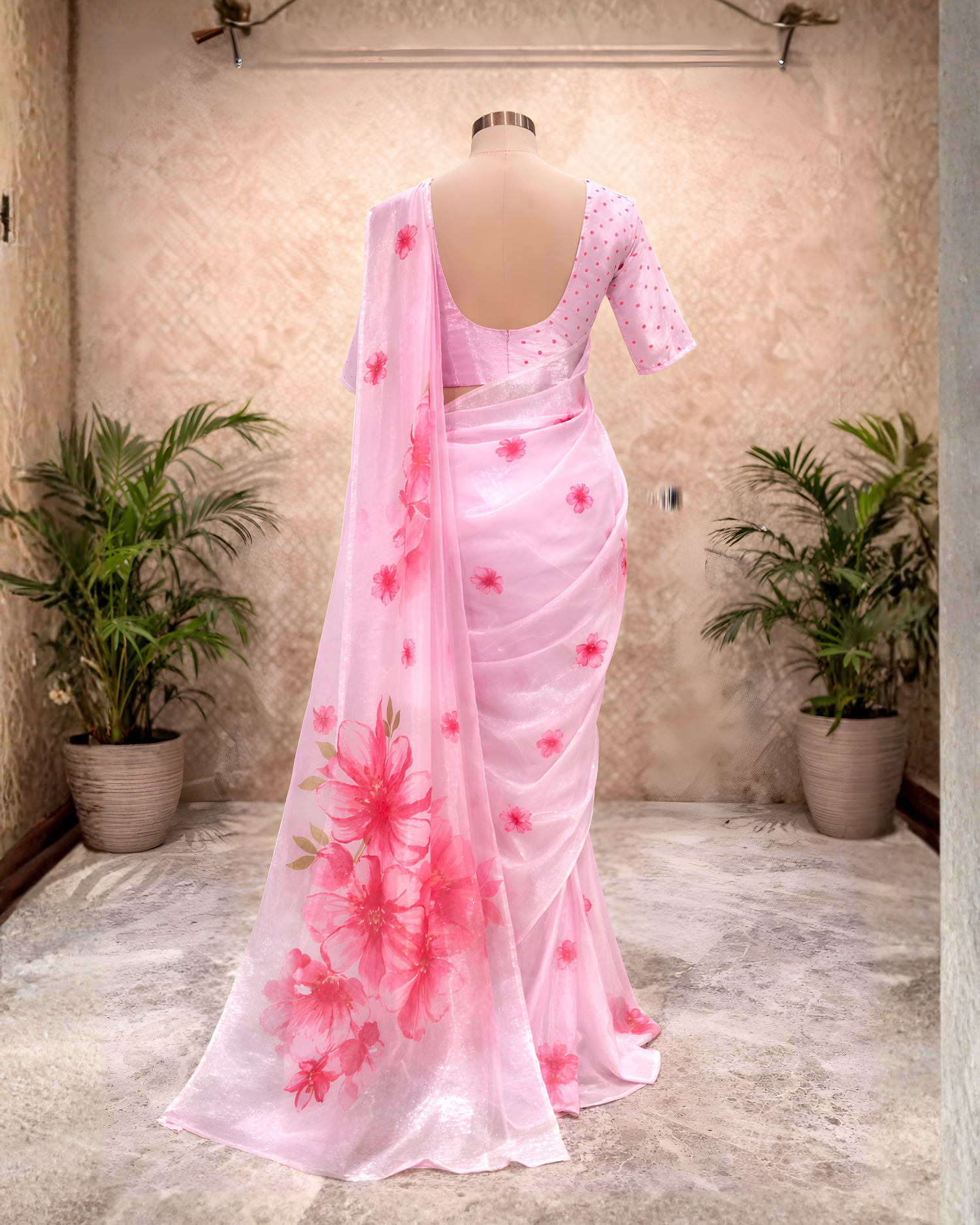 Blush pink floral soft crepe saree with lightweight drape and statement pallu