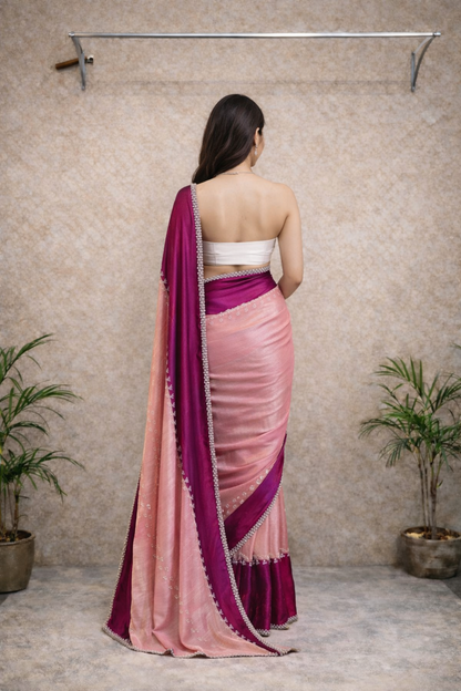 Radiant Pearl Satin Tissue Saree – Magenta & Blush with Silver Border