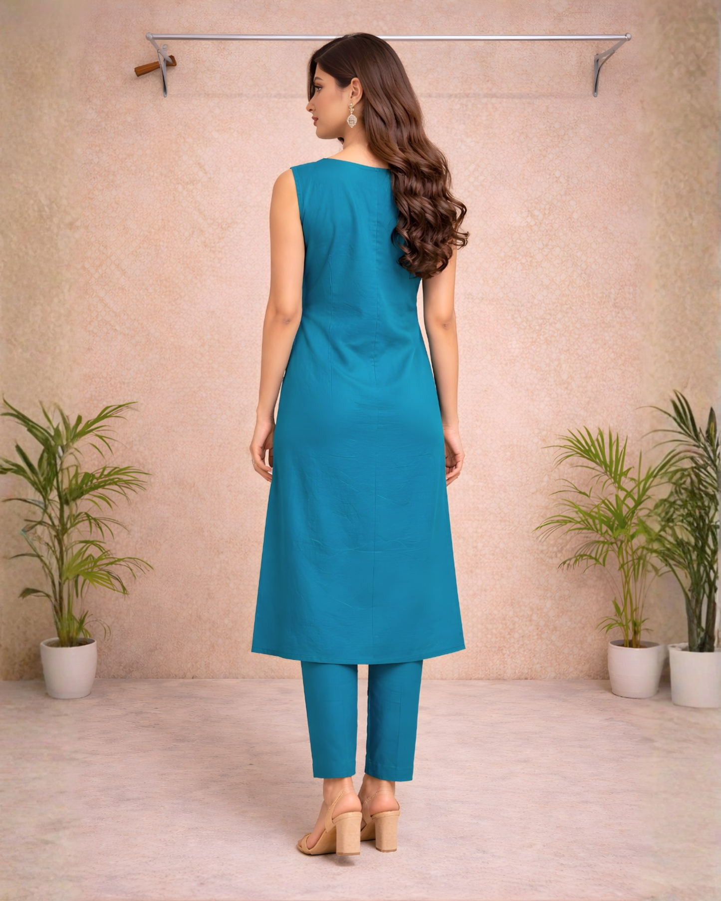 Teal Blue Mirror Work Kurti Set with Attached Inner Sleeves – Minimal Festive Wear