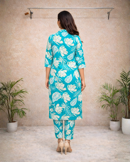 Teal Tropical Printed Kurti Set – Stylish Everyday Ethnic Wear