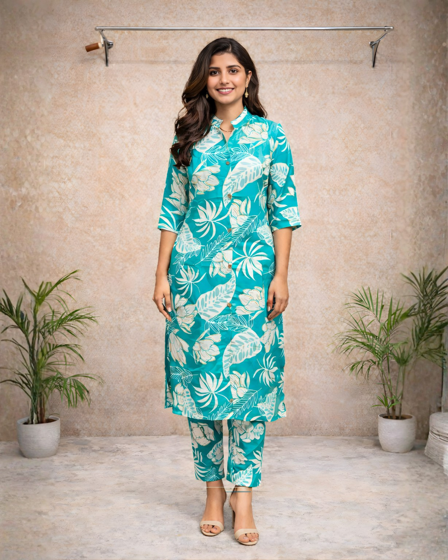 Teal Tropical Printed Kurti Set – Stylish Everyday Ethnic Wear
