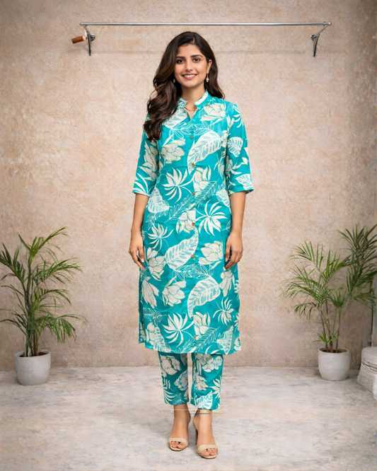 Teal Tropical Printed Kurti Set – Stylish Everyday Ethnic Wear