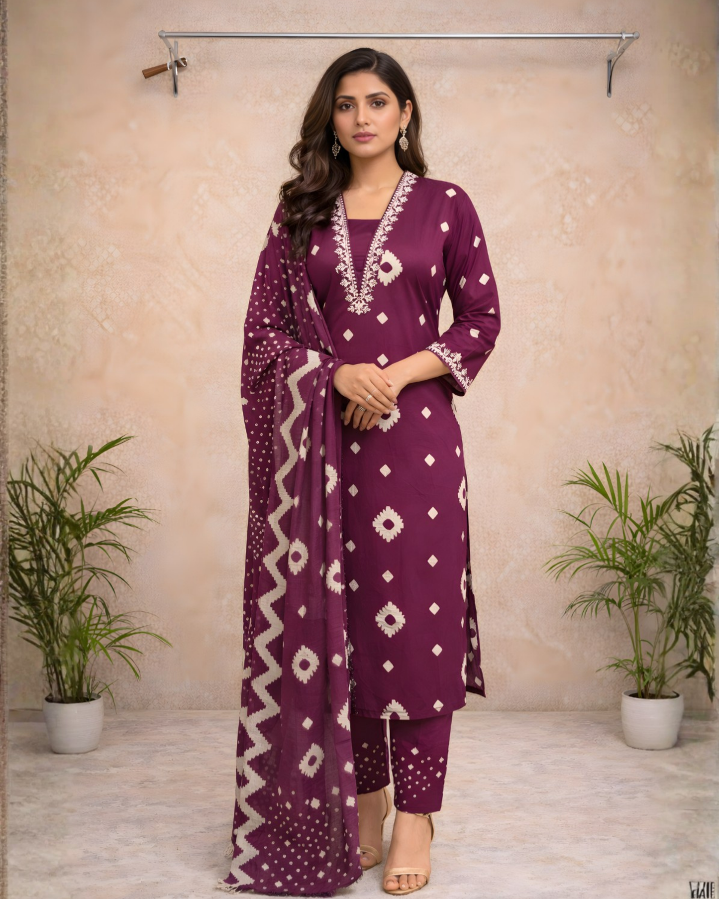 Deep Wine Printed Kurti Set – Geometric & Floral Motifs with Coordinated Dupatta