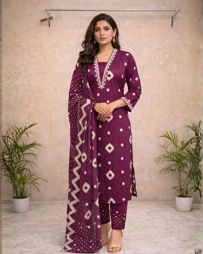 Deep Wine Printed Kurti Set – Geometric & Floral Motifs with Coordinated Dupatta