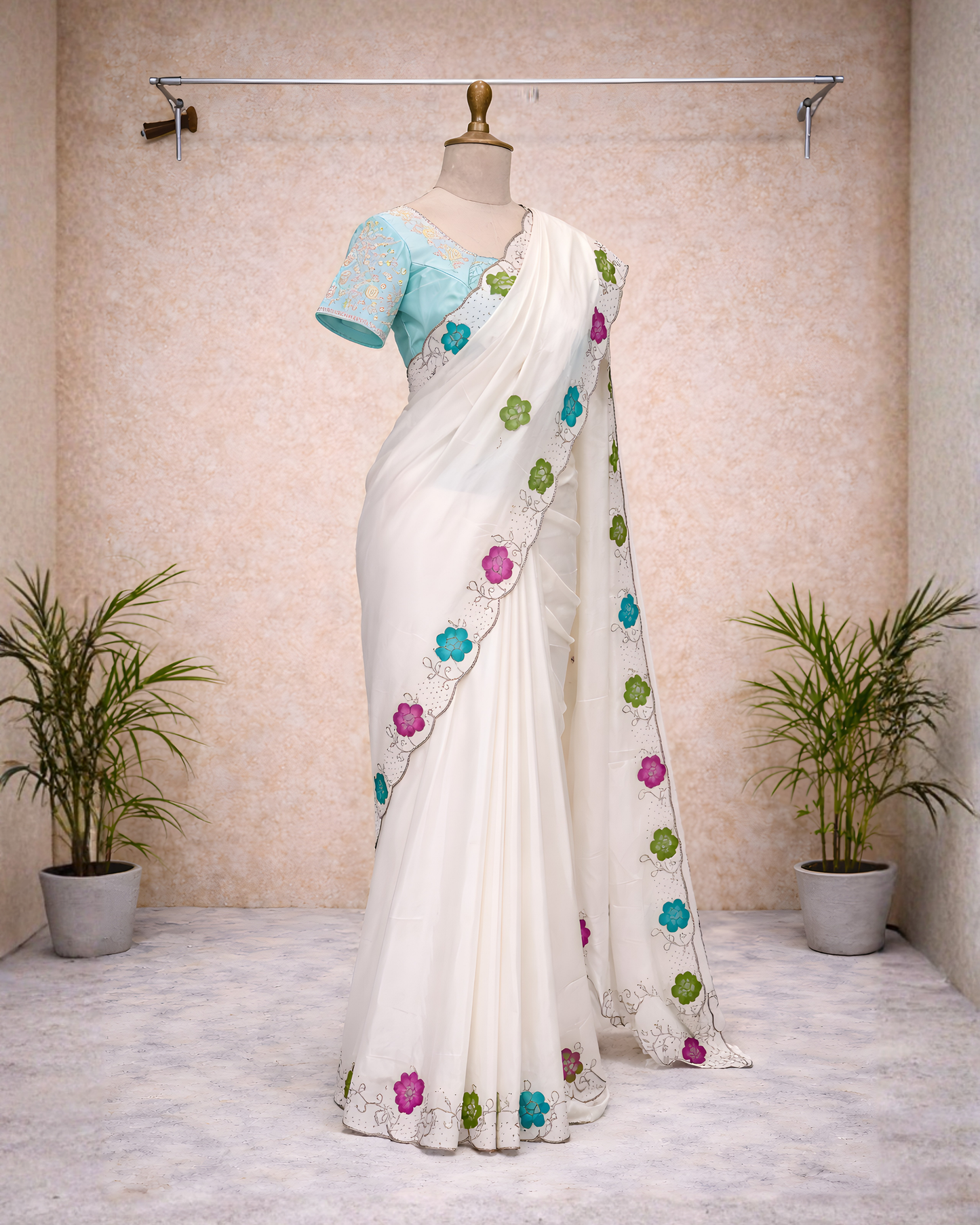 Ivory Floral Border Saree with Running Blouse – Optional Contrast Embroidered Blouse Available