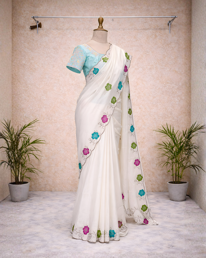 Ivory Floral Border Saree with Running Blouse – Optional Contrast Embroidered Blouse Available