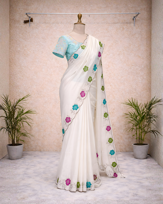 Ivory Floral Border Saree with Running Blouse – Optional Contrast Embroidered Blouse Available
