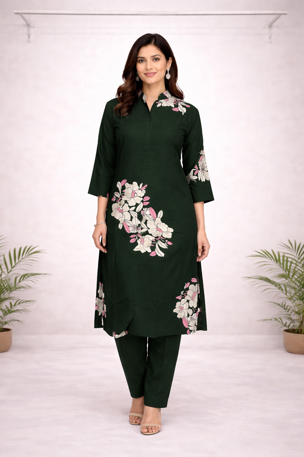 Dark Green Floral Printed Co-ord Set – Kurti Top with Solid Green Pants