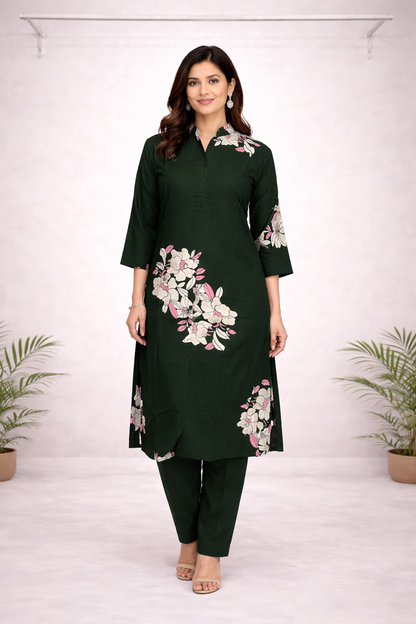 Dark Green Floral Printed Co-ord Set – Kurti Top with Solid Green Pants