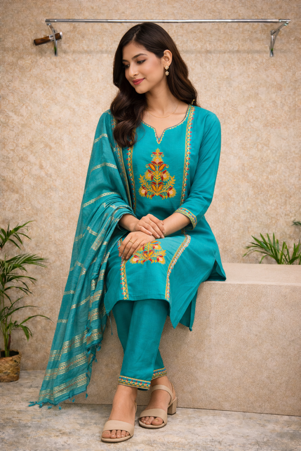 Teal Blue Embroidered Kurti Set with Dupatta