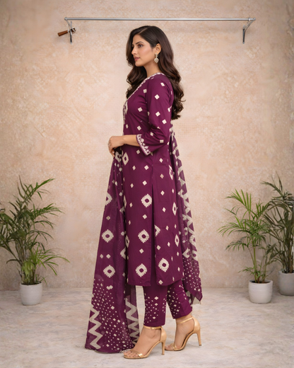 Deep Wine Printed Kurti Set – Geometric & Floral Motifs with Coordinated Dupatta
