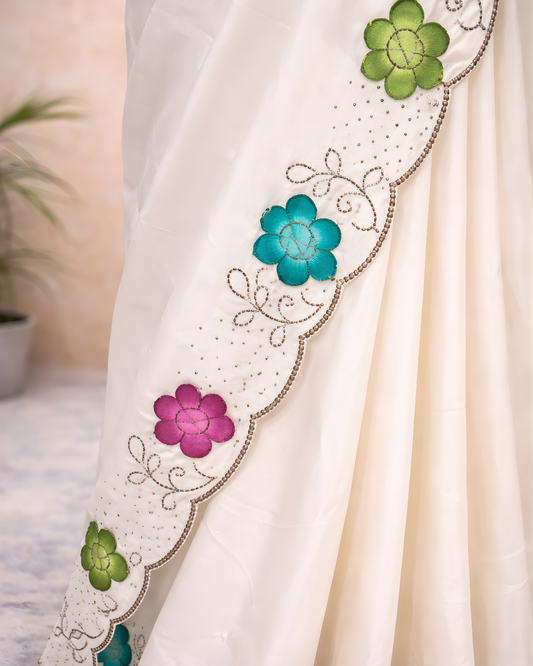 Ivory Floral Border Saree with Running Blouse – Optional Contrast Embroidered Blouse Available