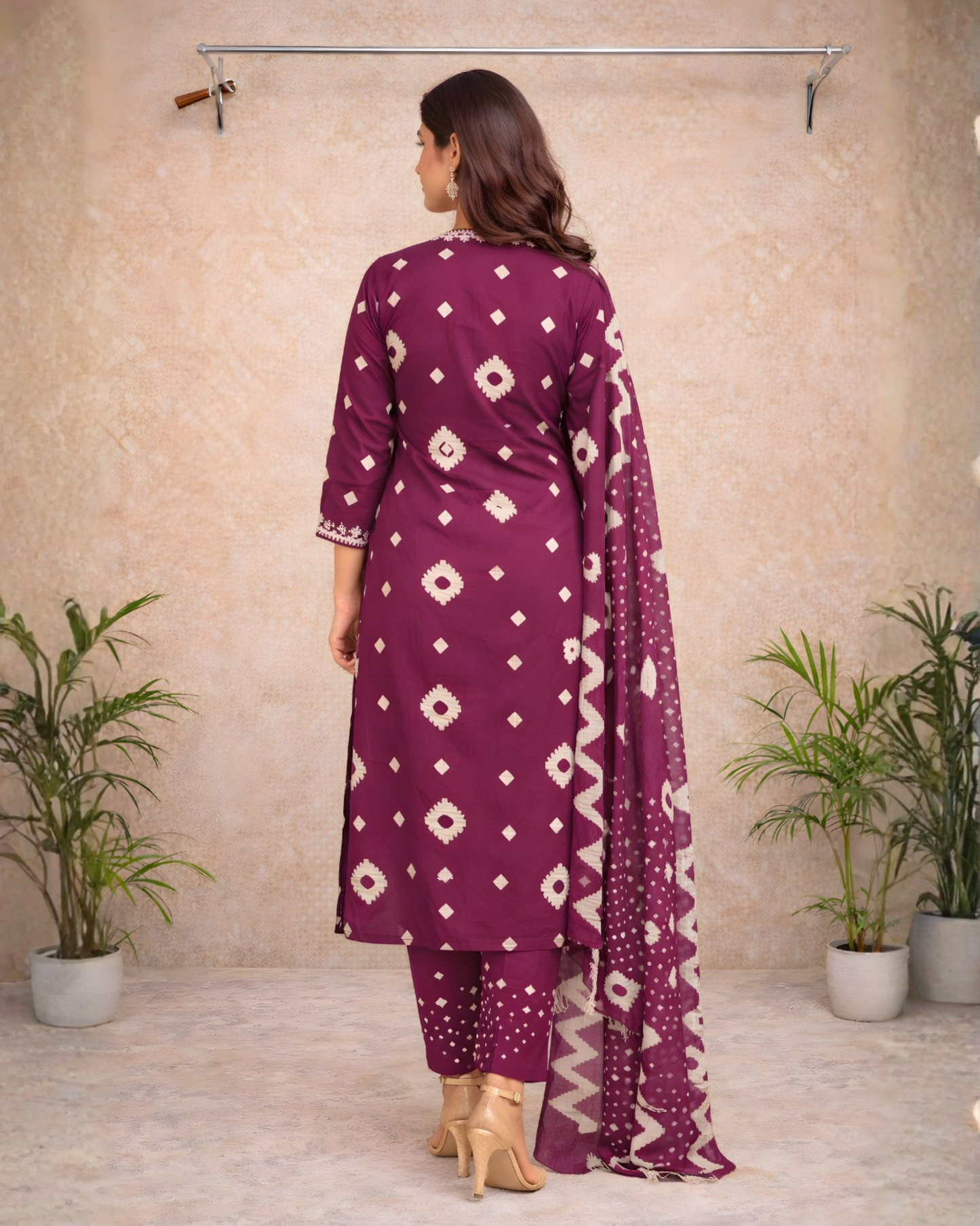 Deep Wine Printed Kurti Set – Geometric & Floral Motifs with Coordinated Dupatta