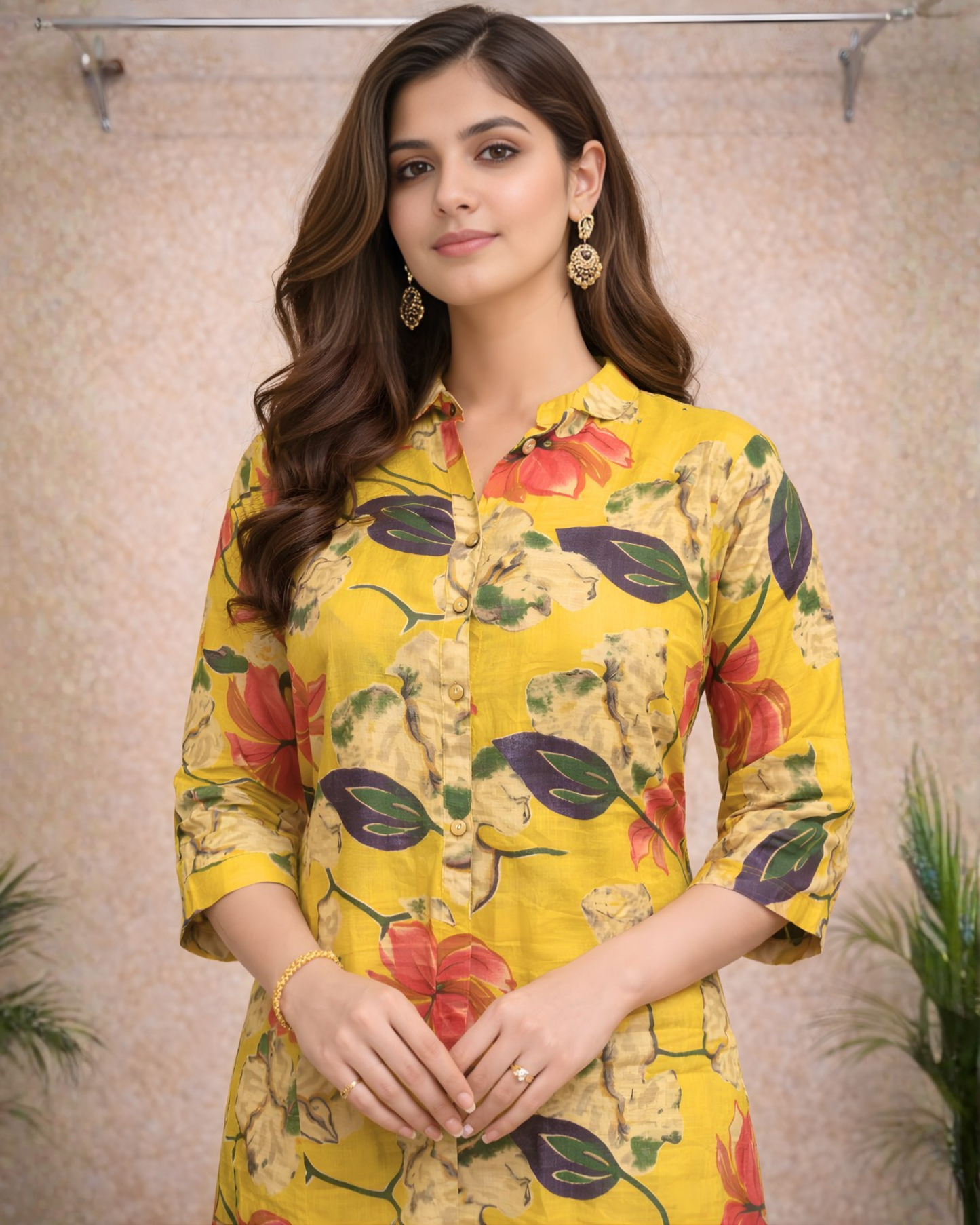 Mustard Yellow Tropical Floral Printed Kurti – Shirt-Style Collar | Vibrant Casual Ethnic Wear