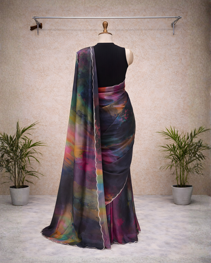 Regal Freehand Abstract Chinnon Saree – Multicolour Print with Scalloped Border