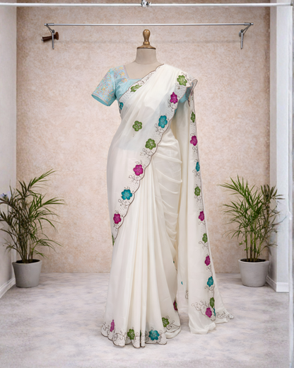 Ivory Floral Border Saree with Running Blouse – Optional Contrast Embroidered Blouse Available