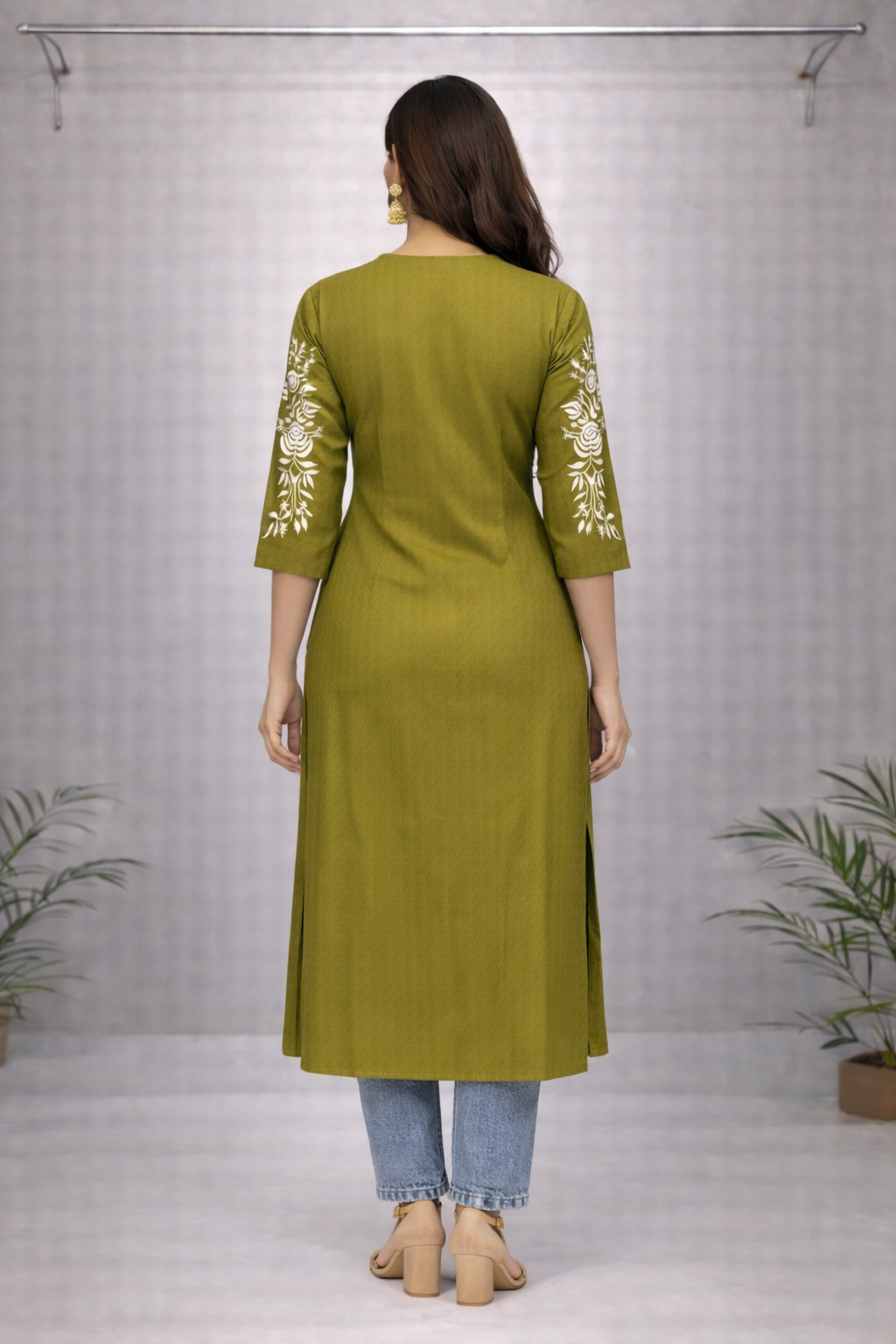 Olive Green Floral Embroidered Straight Kurti