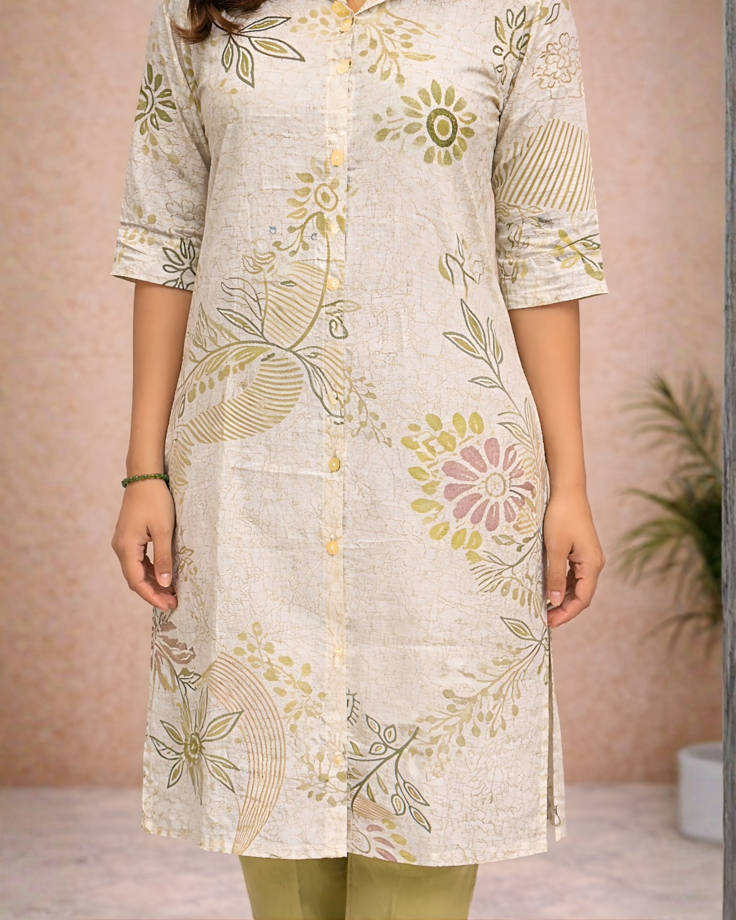 Ivory Floral Printed Straight Kurti Set – Multicolour Florals with Solid Green Pants
