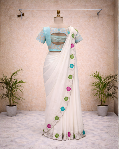 Ivory Floral Border Saree with Running Blouse – Optional Contrast Embroidered Blouse Available