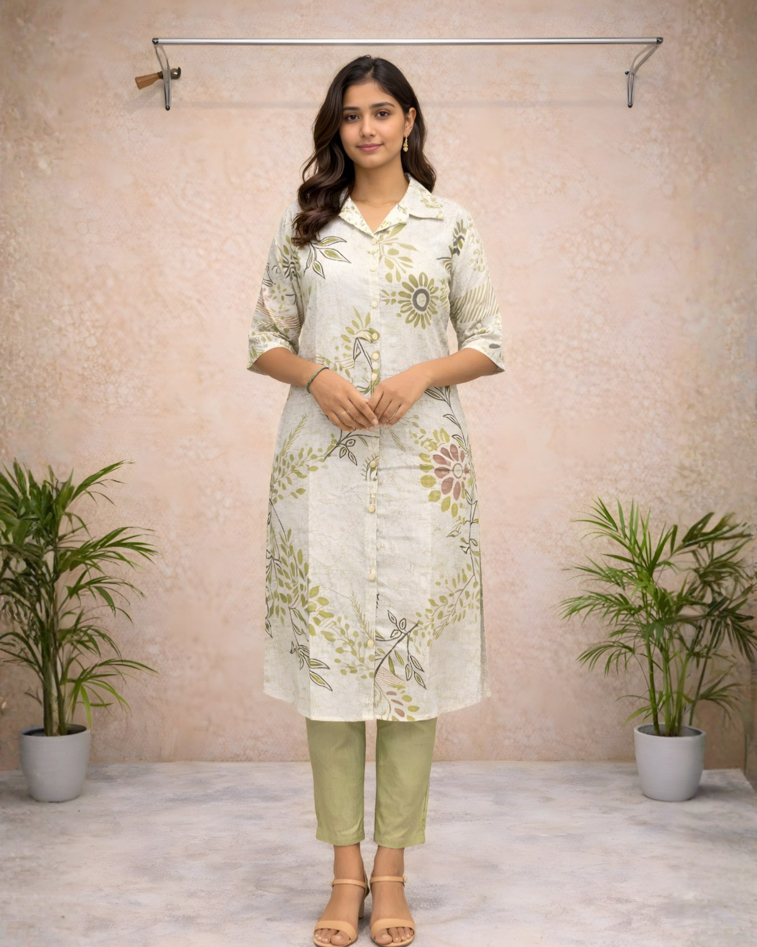 Ivory floral printed straight kurti set with multicolour florals and green pants
