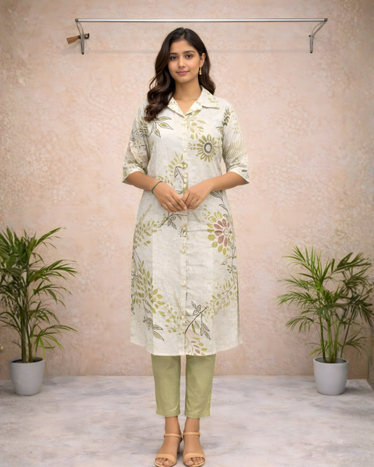 Ivory Floral Printed Straight Kurti Set with Green Pants – Casual Elegant Ethnic Wear