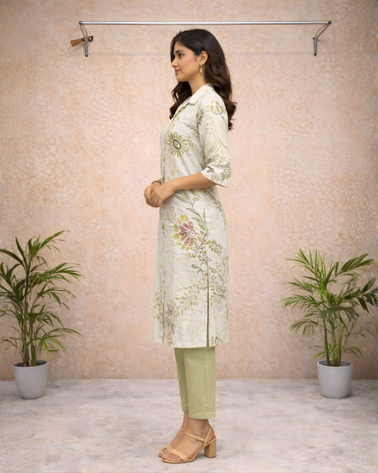 Ivory Floral Printed Straight Kurti Set with Green Pants – Casual Elegant Ethnic Wear