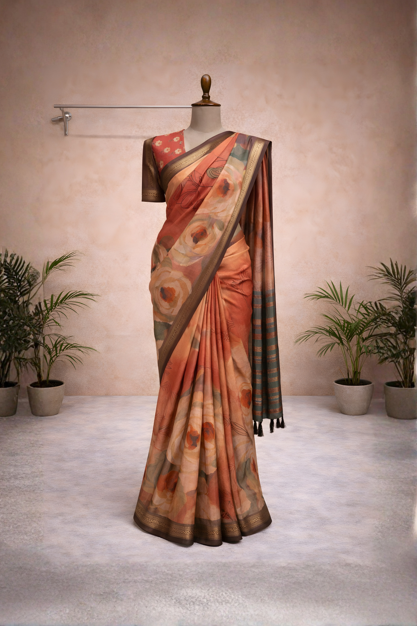 Autumn Bloom Watercolour Floral Soft Silk Saree – Antique Brown Zari Border