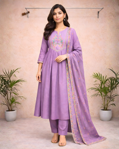 Royal Purple Embroidered Anarkali Kurti Set – Multicolour Yoke Embroidery with Dupatta