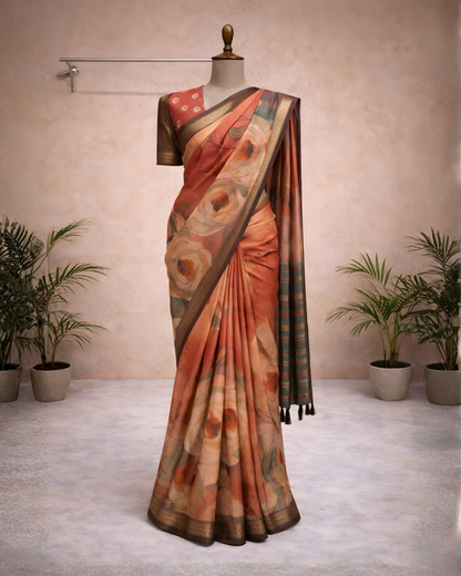Autumn Bloom Watercolour Floral Soft Silk Saree – Antique Brown Zari Border