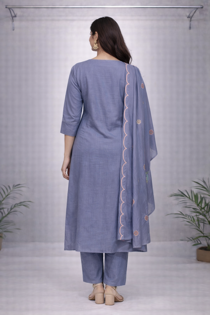 Lavender Floral Embroidered Kurti Set with Dupatta
