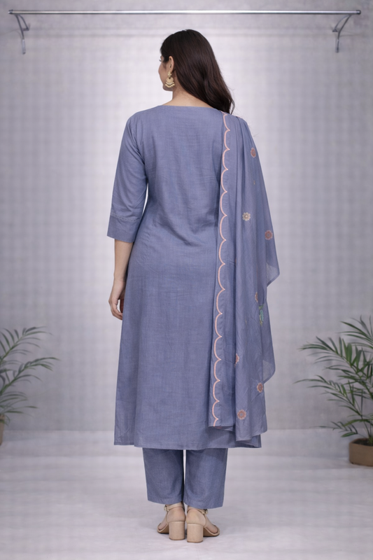 Lavender Floral Embroidered Kurti Set with Dupatta
