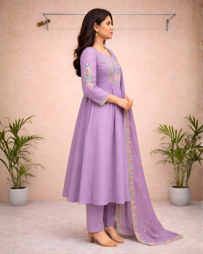 Royal Purple Embroidered Anarkali Kurti Set – Multicolour Yoke Embroidery with Dupatta