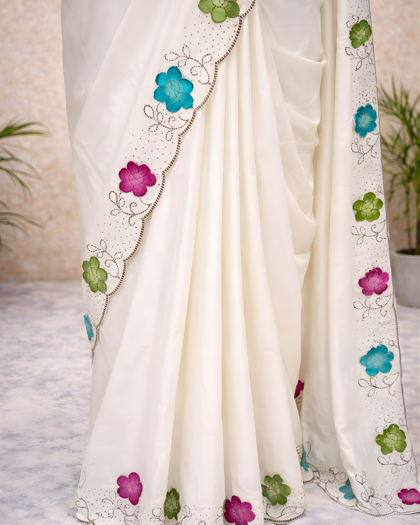 Ivory Floral Border Saree with Running Blouse – Optional Contrast Embroidered Blouse Available