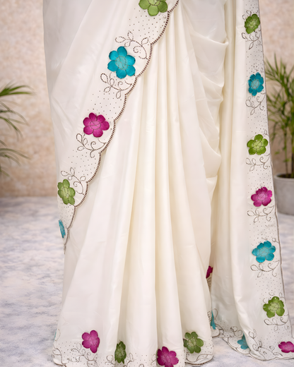Ivory Floral Border Saree with Running Blouse – Optional Contrast Embroidered Blouse Available