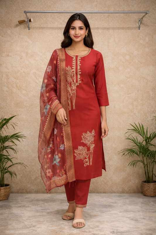 Festive Red Embroidered Kurti Set with Printed Dupatta
