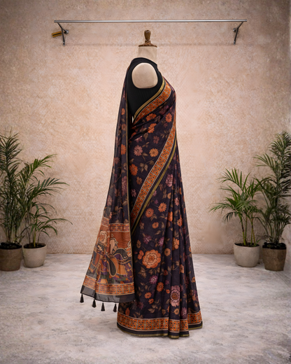 Royal Floral Kalamkari Soft Linen Saree – Heritage Elegance