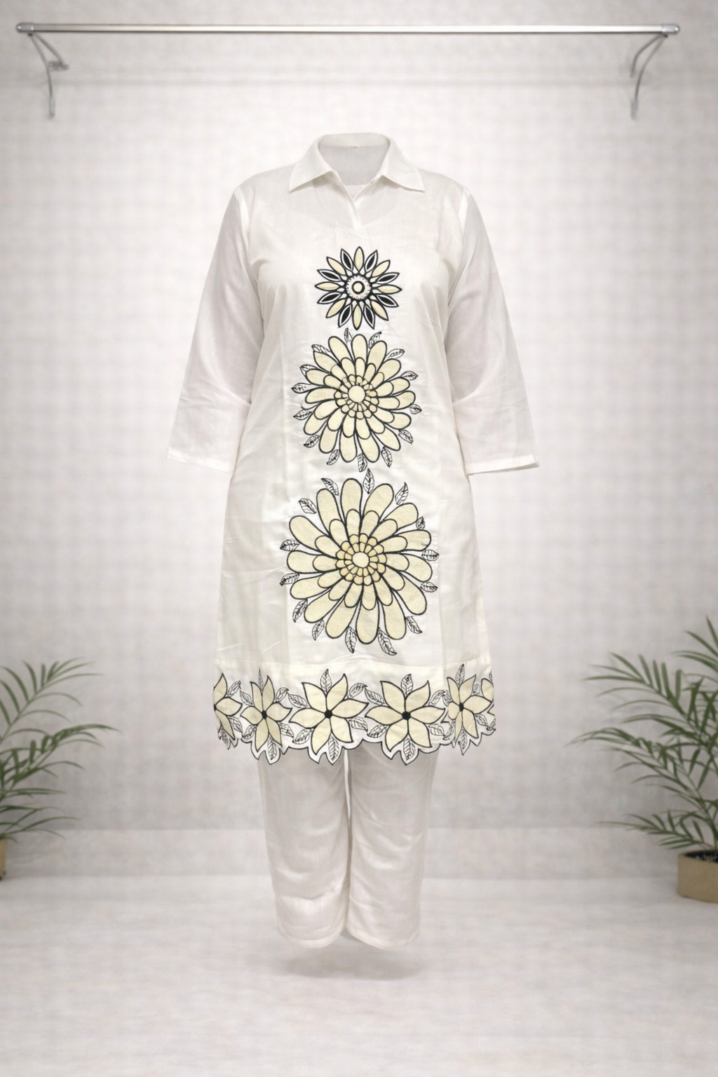 White Floral Printed Co-ord Set – Shirt Collar Top with Matching White Pants