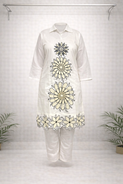 White Floral Printed Co-ord Set – Shirt Collar Top with Matching White Pants