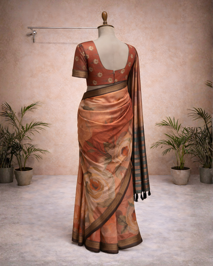 Autumn Bloom Watercolour Floral Soft Silk Saree – Antique Brown Zari Border