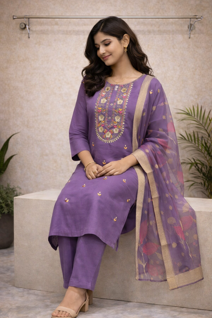 Royal Lavender Embroidered Kurti Set – Multicolour Thread Work with Organza Dupatta