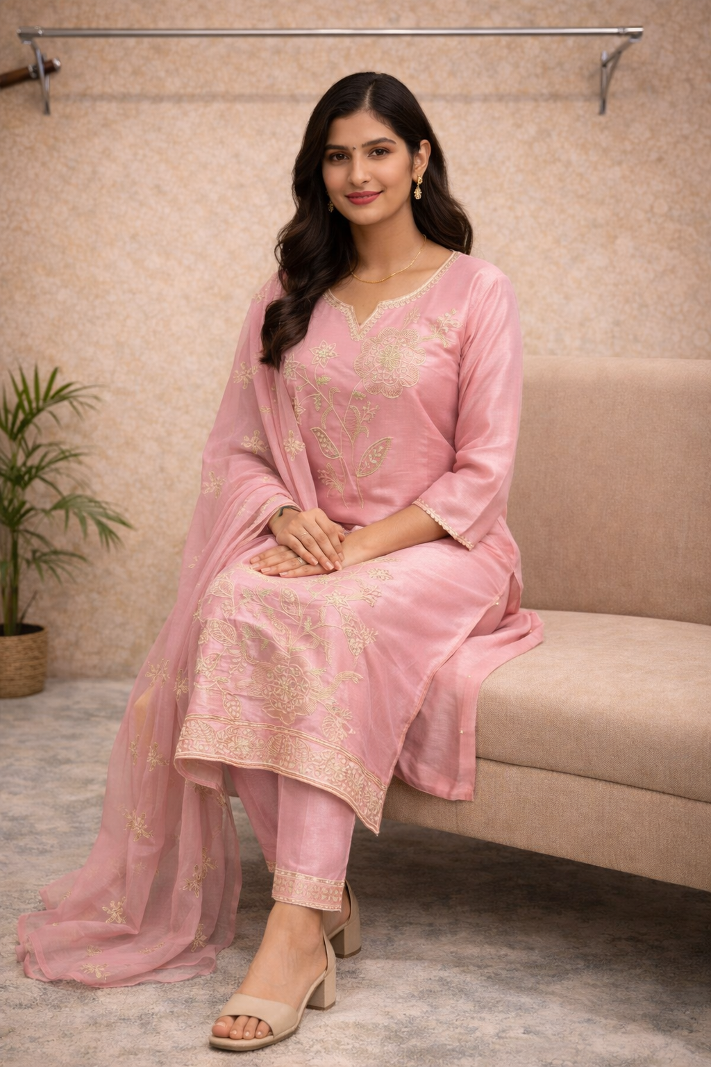 Blush Pink Embroidered Kurti Set – Golden Thread Work with Soft Dupatta & Pants