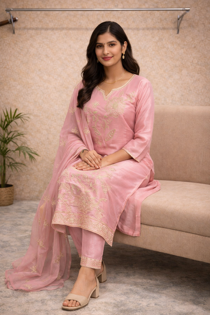 Blush Pink Embroidered Kurti Set – Golden Thread Work with Soft Dupatta & Pants