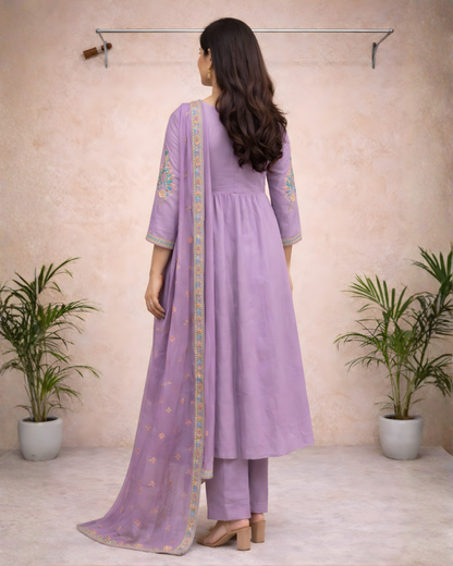 Royal Purple Embroidered Anarkali Kurti Set – Multicolour Yoke Embroidery with Dupatta