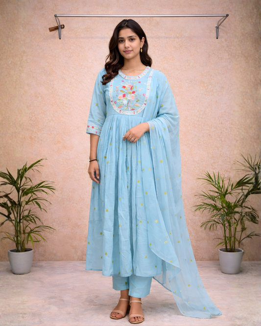 Powder Blue Pearl &amp; Hand Embroidered Anarkali Set with Dupatta – Premium Festive Wear