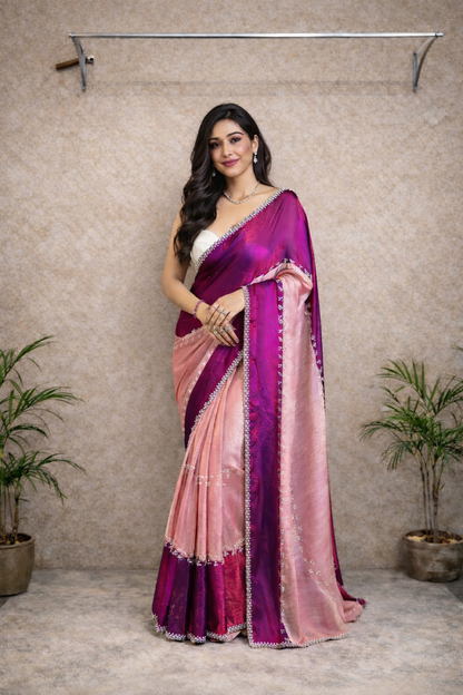 Radiant Pearl Satin Tissue Saree – Magenta & Blush with Silver Border