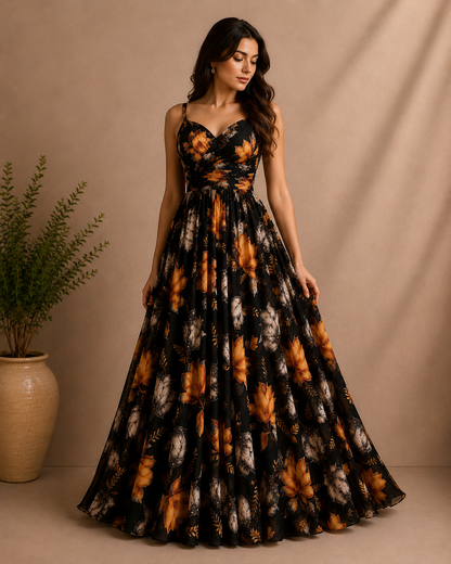Golden Blossom Evening Gown