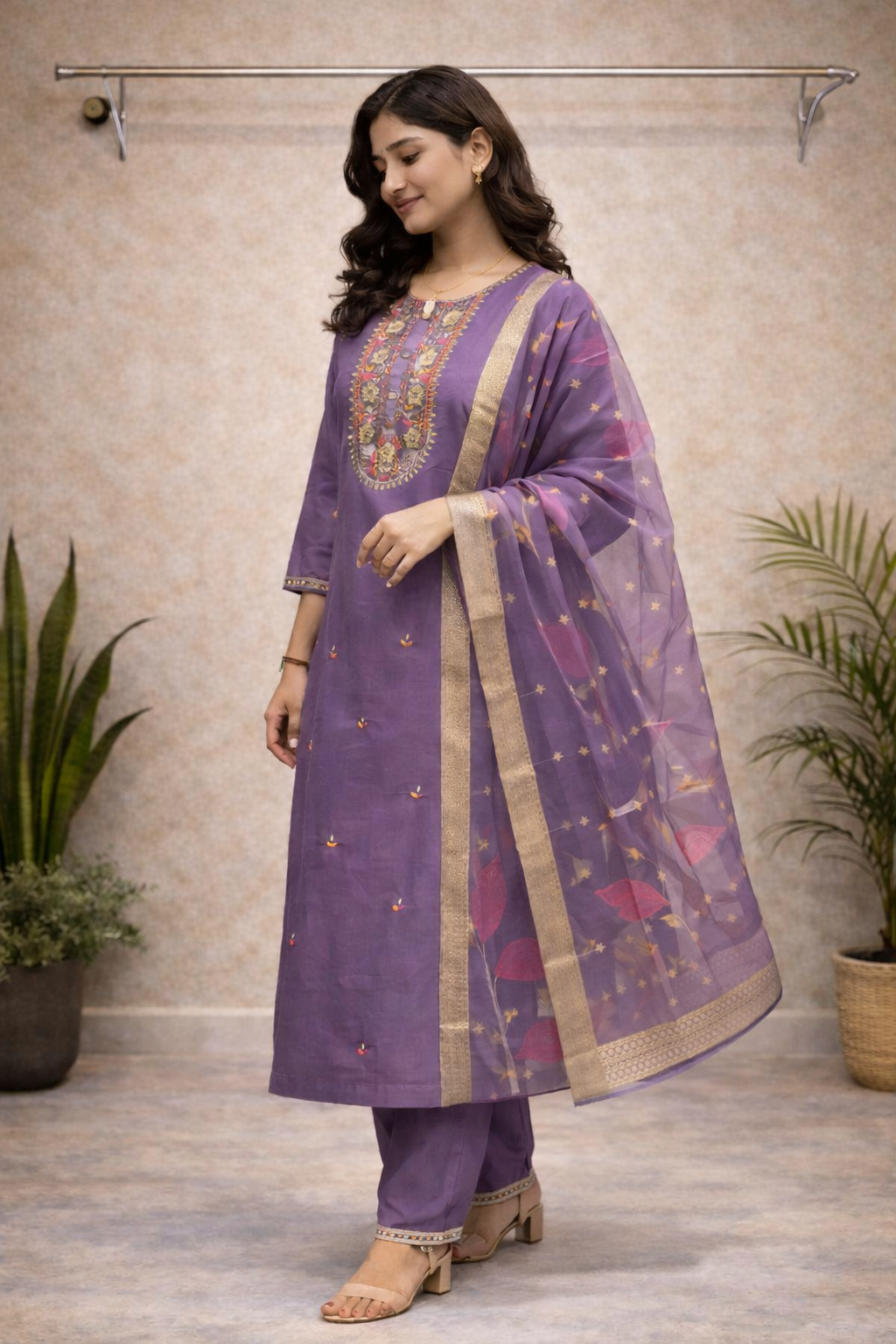 Royal Lavender Embroidered Kurti Set – Multicolour Thread Work with Organza Dupatta